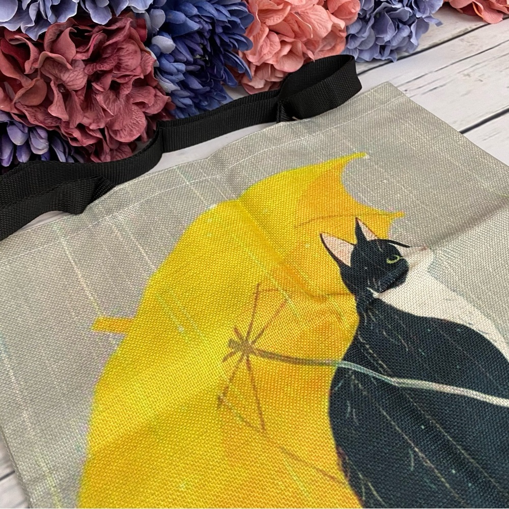 Eco-Friendly Black Cat with Yellow Umbrella Folding Tote Bag - Picture 7 of 12